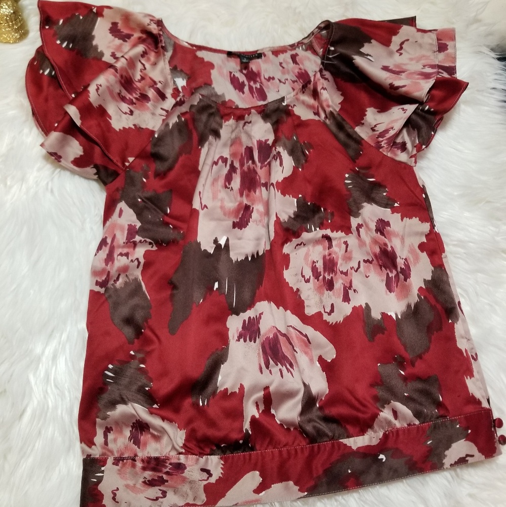 Ruffle Sleeve Silky Copper Blouse Pleated